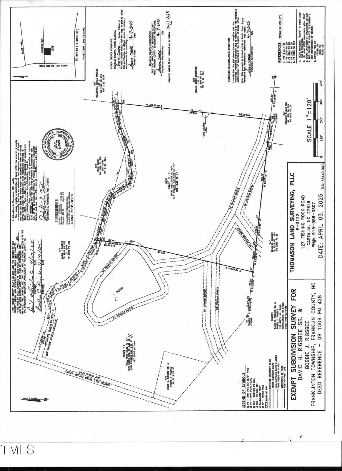 Black and white survey map showing property boundaries, labeled lot numbers, roads, a pond, contour lines, and various measurements. Includes title block, north arrow, scale, and certification notes in the corners.