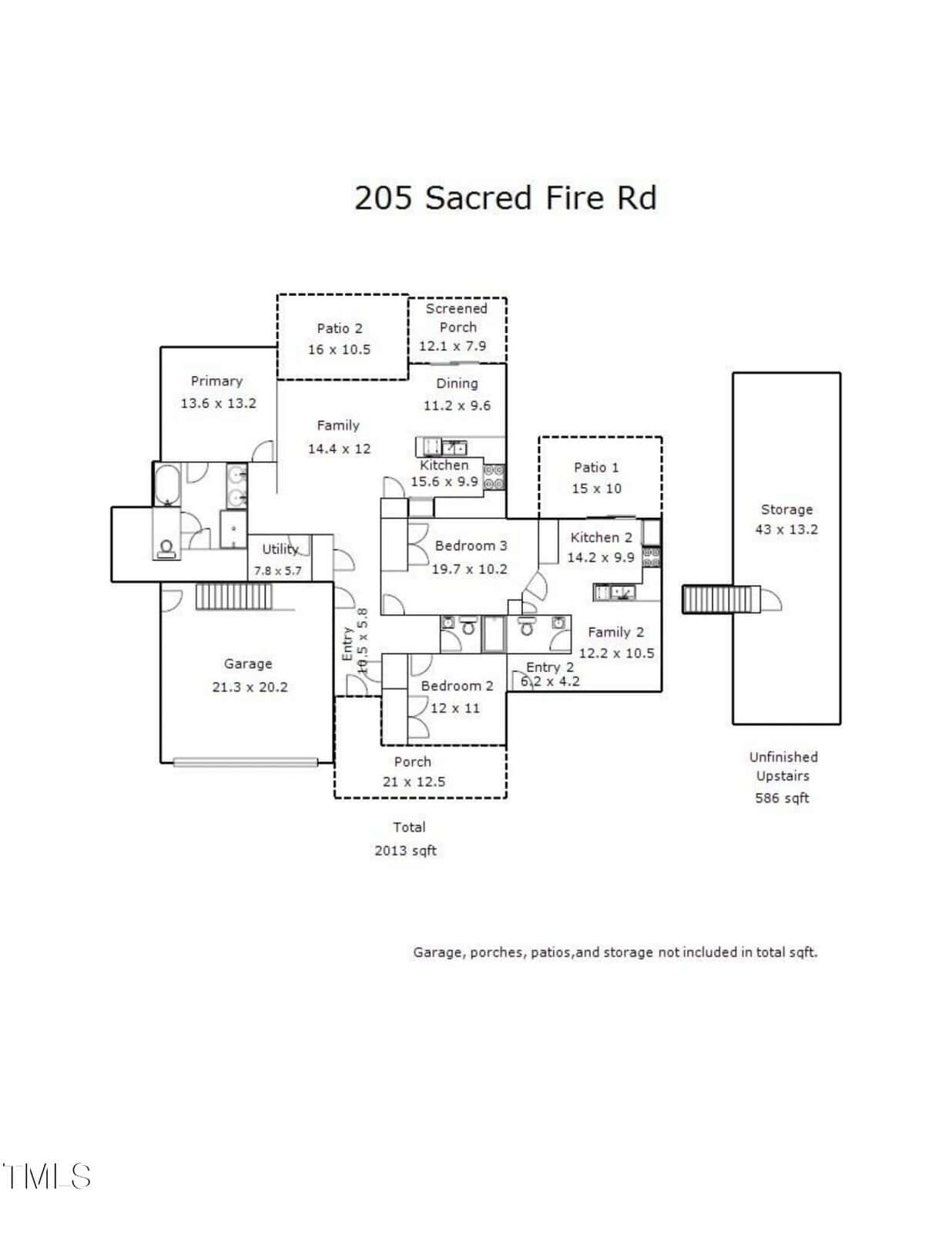Black and white floor plan layout for 205 Sacred Fire Rd, showing rooms, two kitchens, two garages, porches, patios, storage, and labeled dimensions; total square footage and notes appear at the bottom.