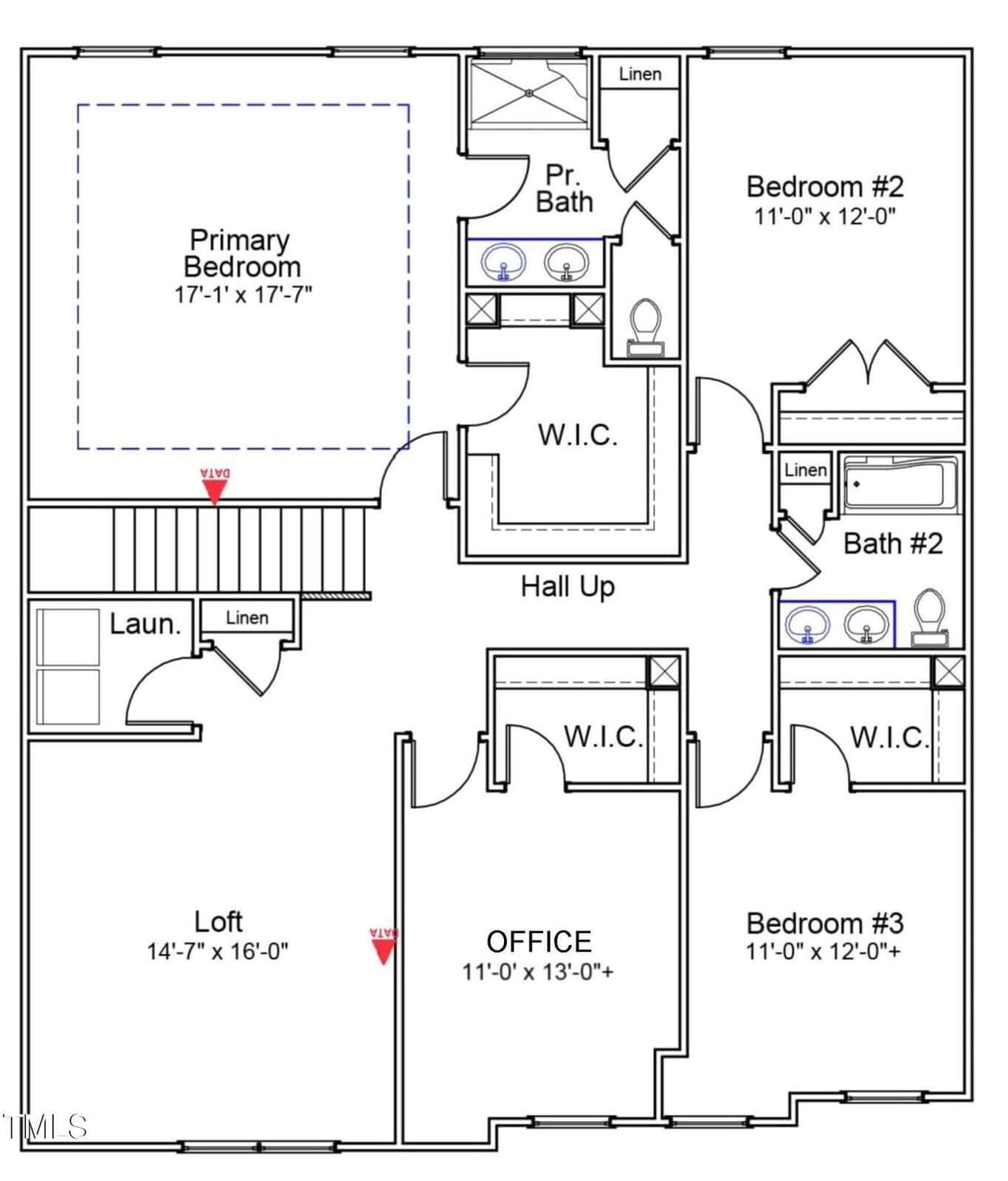 Floor plan featuring a primary bedroom with en suite bathroom, two additional bedrooms, two full bathrooms, an office, a loft, laundry area, linen closets, and walk-in closets in all bedrooms. Spaces are labeled and measurements shown.