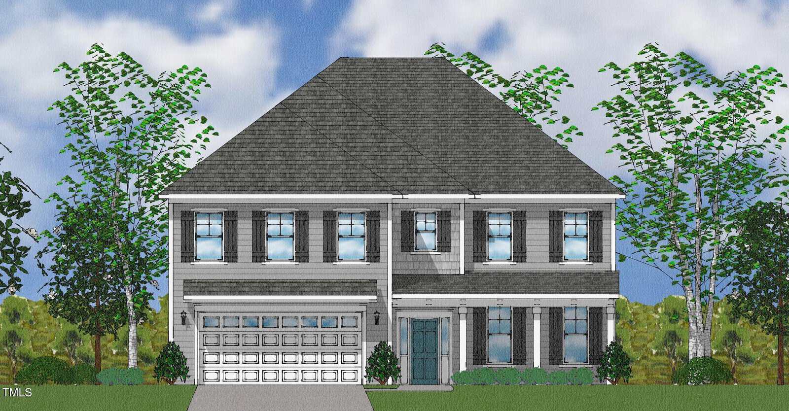 Illustration of a two-story house with gray brick exterior, symmetrical windows with shutters, double garage on the left, a blue front door, and tall trees surrounding the home under a partly cloudy sky.