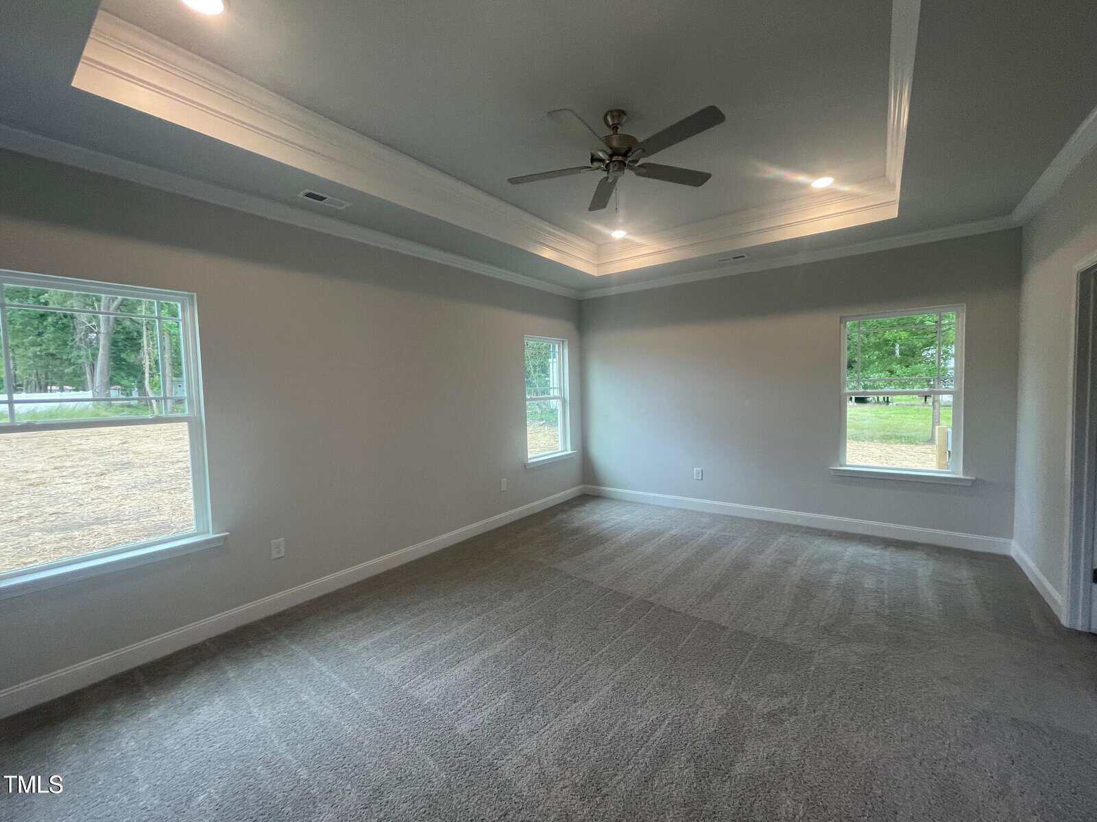 A carpeted room with gray walls, three windows, a ceiling fan, recessed lighting, and a tray ceiling. The windows show views of trees and a grassy area outside.