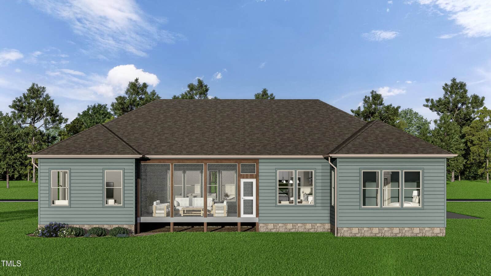 A back view of a single-story house with blue-gray siding, a dark shingled roof, large windows, and a screened-in porch at the center. The house is surrounded by green grass and trees under a partly cloudy sky.