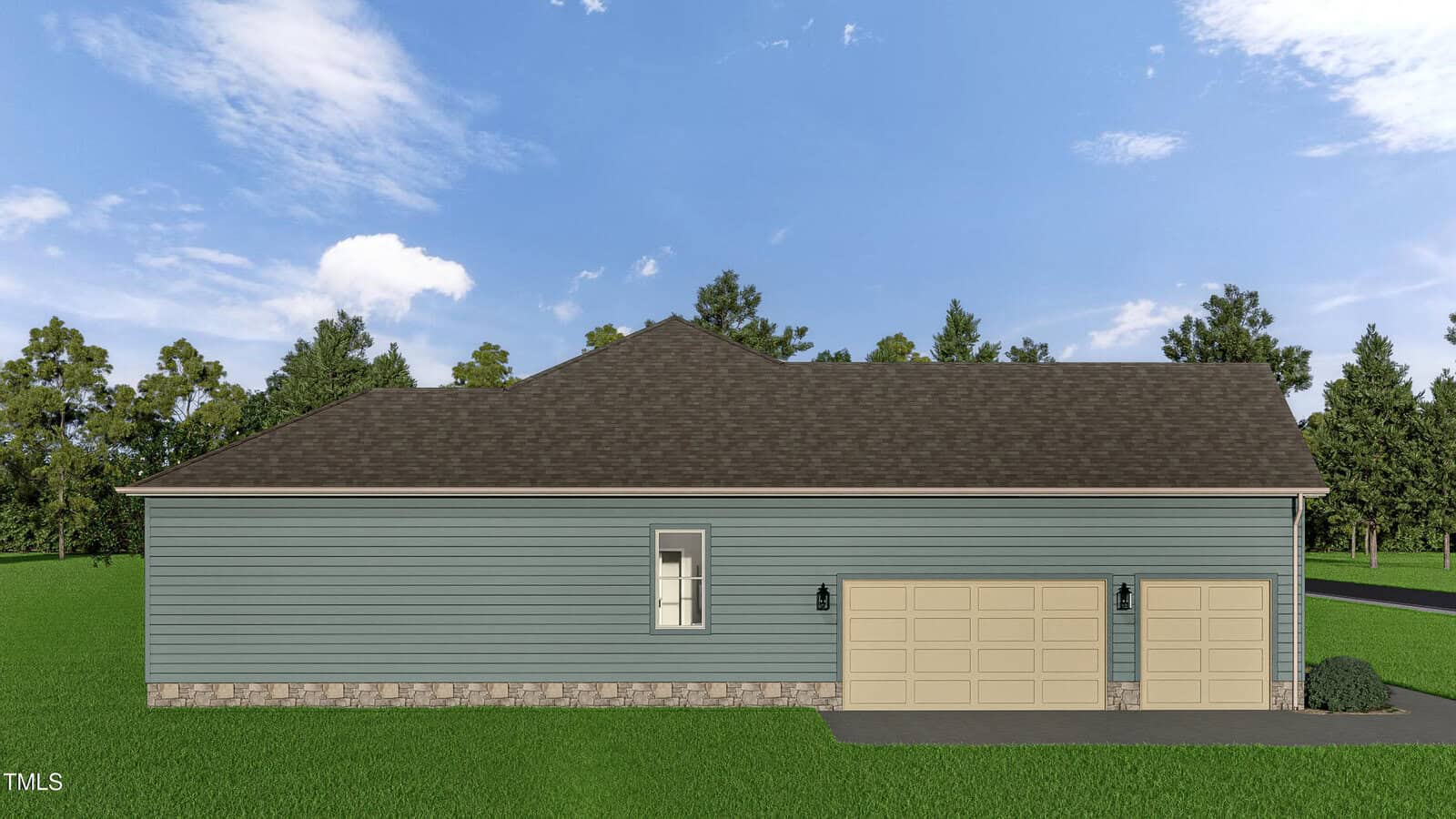 A single-story house with blue-gray siding, a dark shingled roof, and a stone foundation. The house has a double garage door and a single window, surrounded by green lawn and trees under a partly cloudy sky.