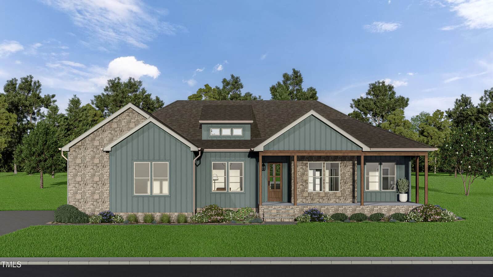 A charming single-story house in Zebulon, located at 1027 Johnson Town Road, features blue siding, a partial stone exterior, a dark roof, white-framed windows, and a covered front porch with wooden posts, set against a backdrop of green grass and trees under a blue sky.