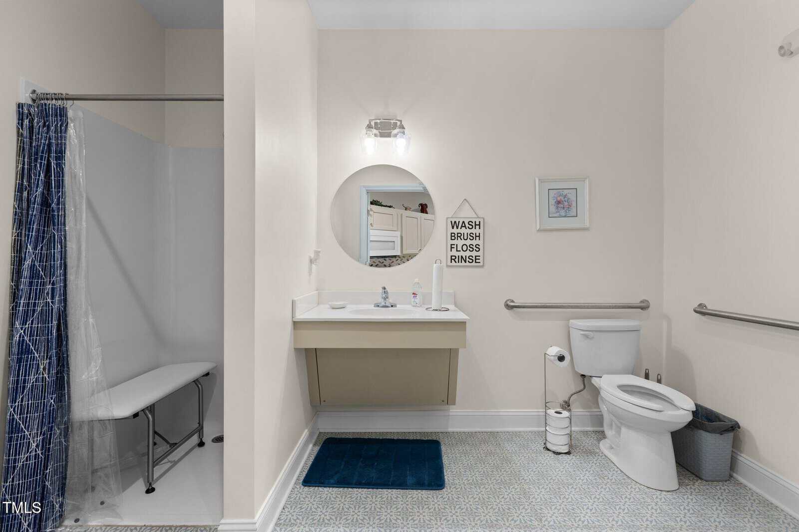 Accessible bathroom with a walk-in shower and foldable bench, a floating sink with a mirror, a framed print, a toilet with grab bars, waste bin, and a blue bath mat on patterned flooring.