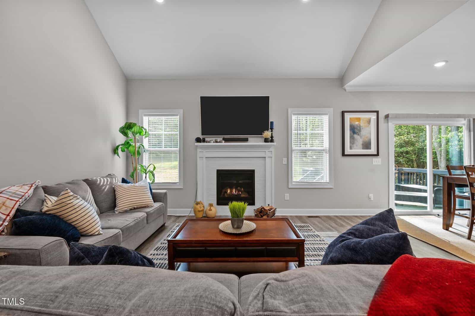 A modern living room with gray walls, two gray sofas, a fireplace with a TV above it, a wooden coffee table, houseplants, and large windows letting in natural light. A sliding glass door leads to an outdoor area.