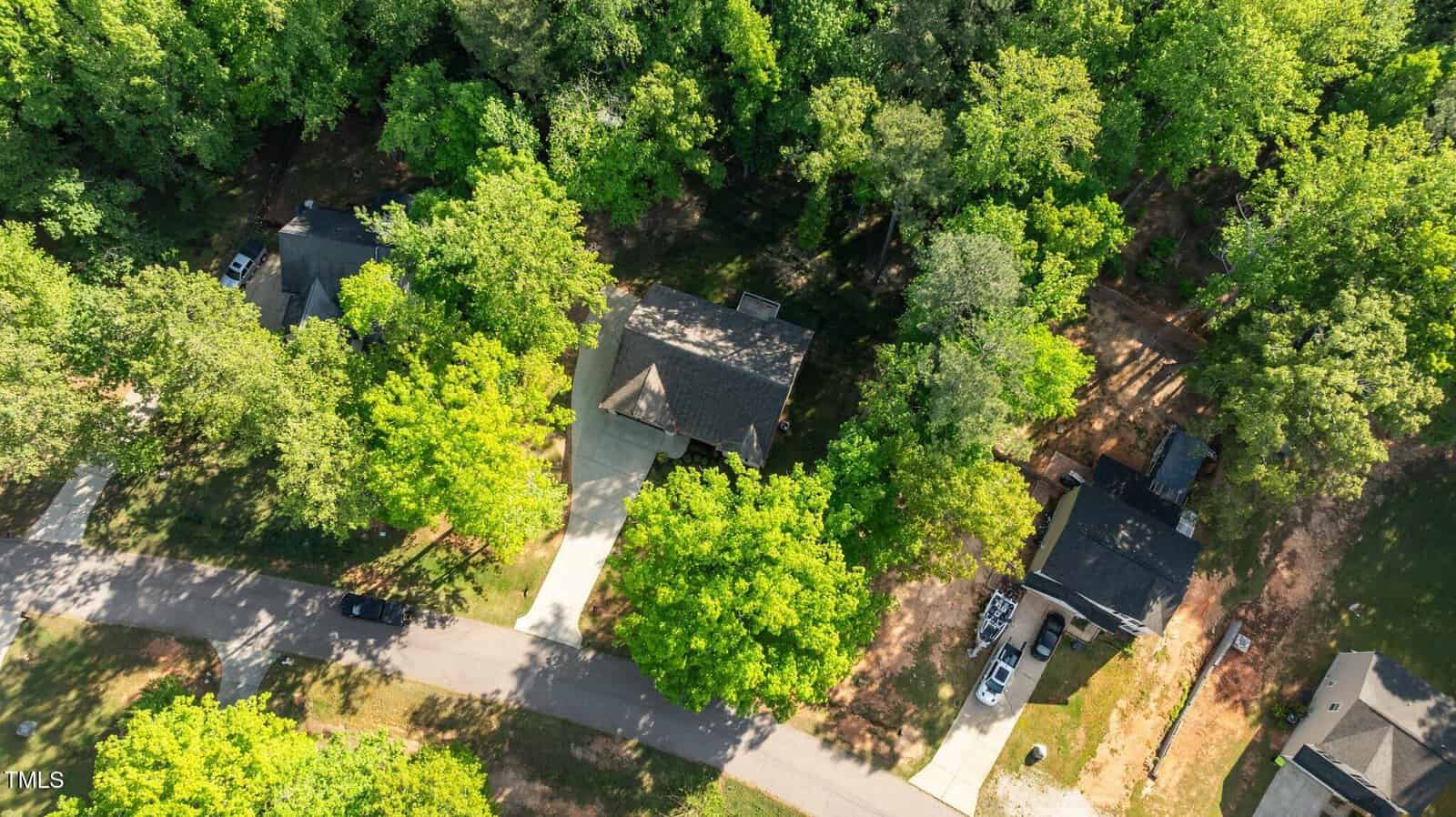 Aerial view of a residential neighborhood with houses surrounded by tall green trees, driveways, and a paved road running through the area.