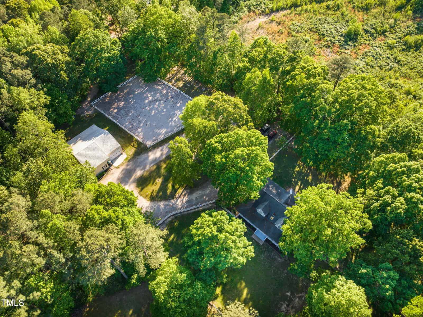 Aerial view of two buildings surrounded by dense green trees and vegetation, with a driveway connecting the structures and sunlight filtering through the foliage.