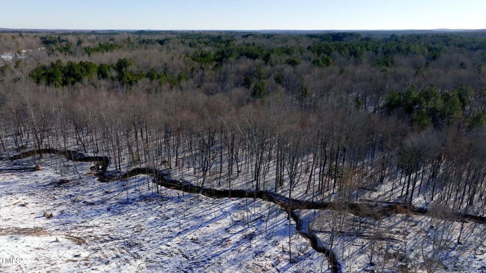 A narrow, winding stream runs through a forest with leafless trees and a ground lightly covered in snow. The background shows a dense wooded area under a clear sky.