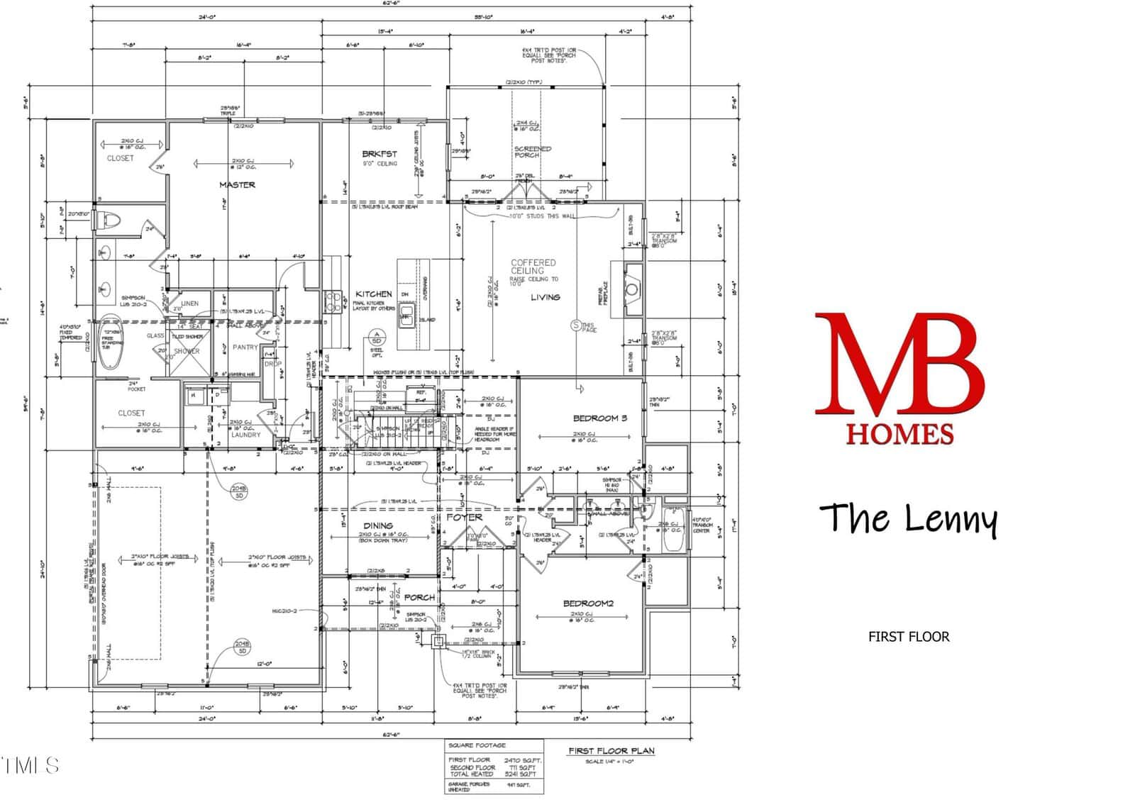Architectural floor plan labeled "The Lenny" by MB Homes, showing rooms, measurements, walls, doors, and windows for the first floor layout of a house. The MB Homes logo and plan title appear at the right.