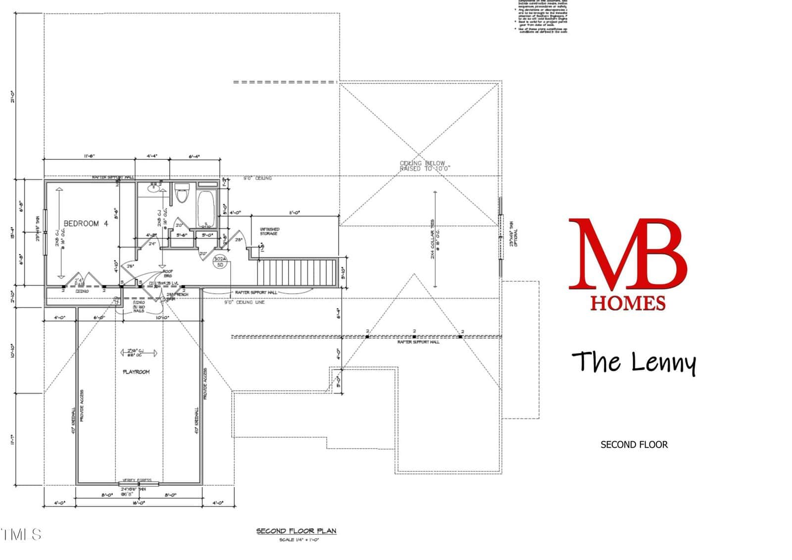 Second floor architectural floor plan labeled "The Lenny" by MB Homes, showing layout with bedroom, bathroom, closet, hallway, and stairs, alongside detailed measurements and construction notes.
