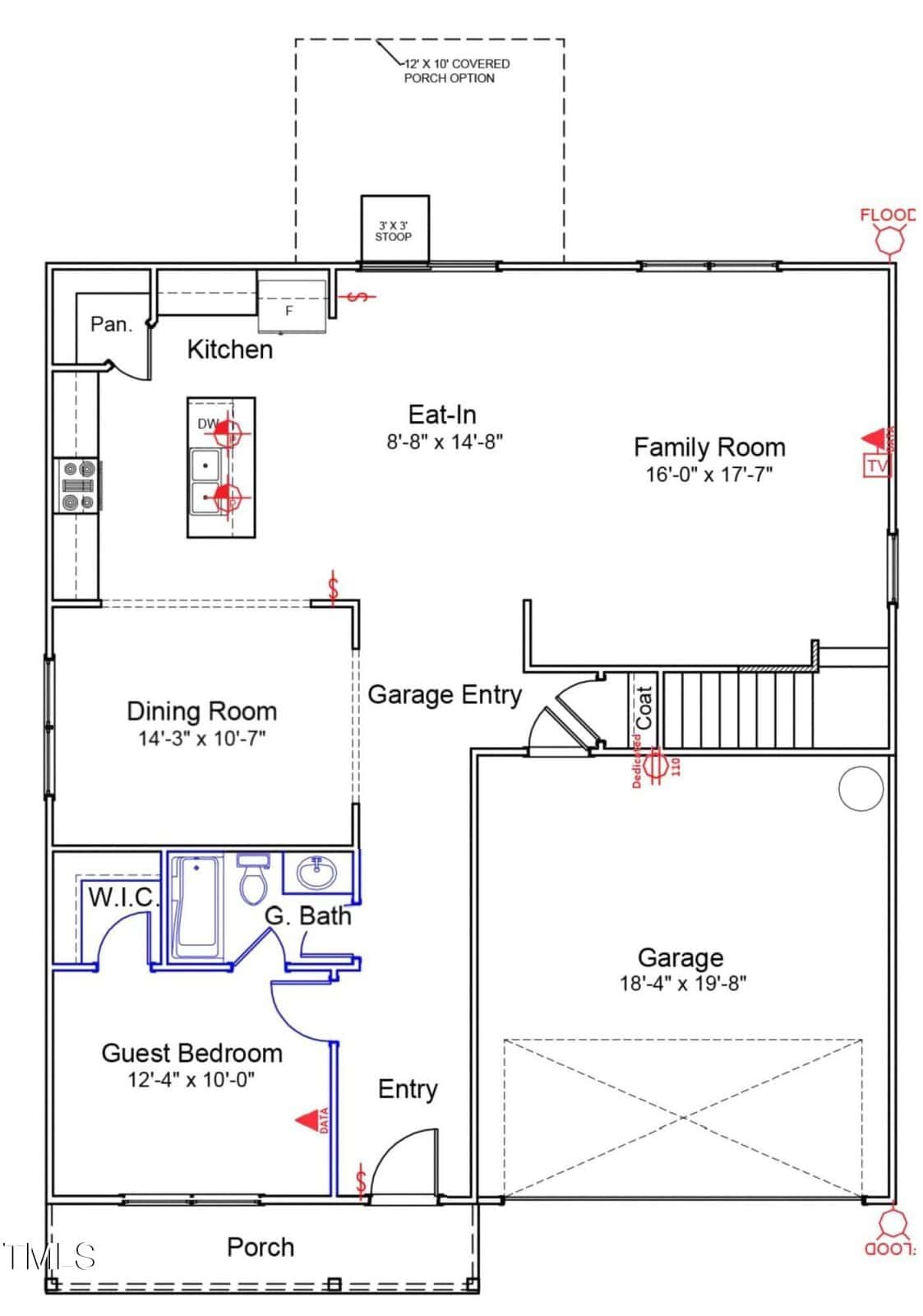 Floor plan of a single-story home featuring a porch, entry, guest bedroom, guest bath, dining room, kitchen, eat-in area, family room, garage, and labeled doors, windows, and stairs.