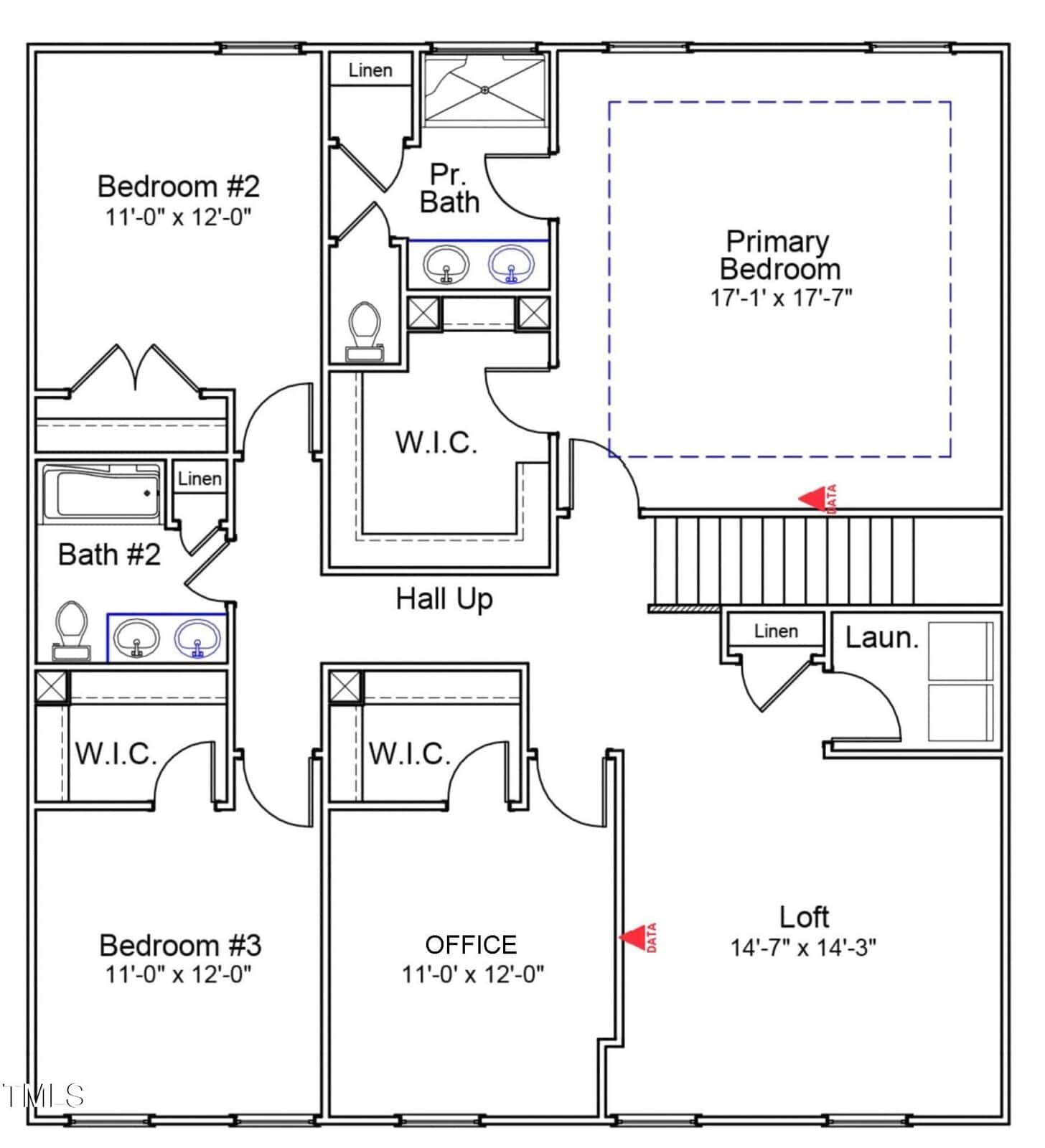 Second floor house plan with three bedrooms, two bathrooms, an office, loft, laundry room, multiple walk-in closets, and two linen closets. Stairs are centrally located, and each bedroom has a dedicated closet space.