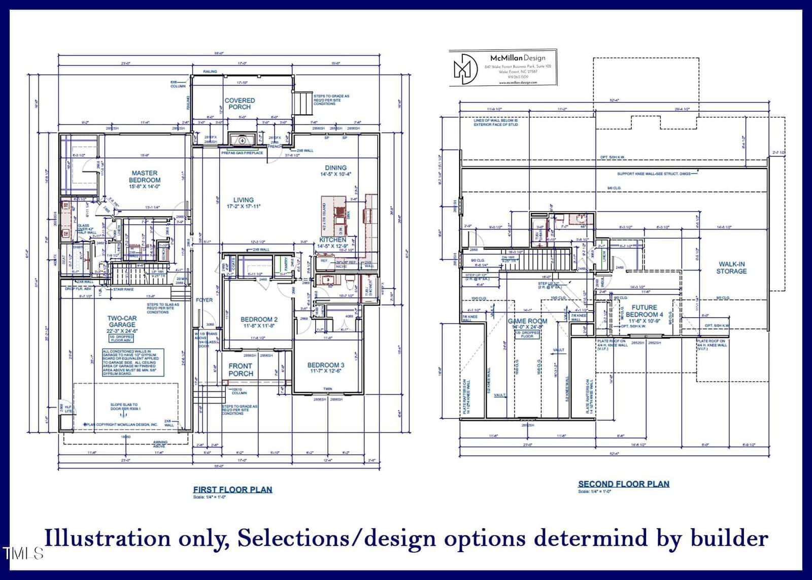 Architectural floor plans for a two-story house, showing layouts for the first and second floors with labeled rooms, doors, and windows, and a note stating that selections or design options are determined by the builder.