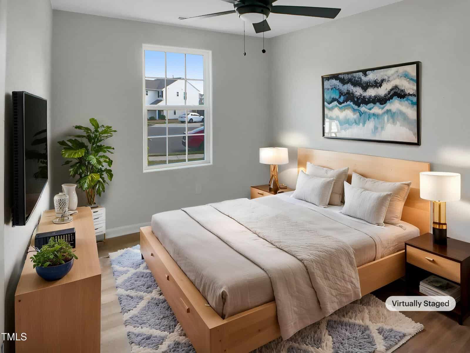 A modern bedroom with a wooden bed, white and beige bedding, two nightstands with lamps, a blue and white rug, a wall-mounted TV, a plant, and a window with a view of houses outside. A ceiling fan hangs above.