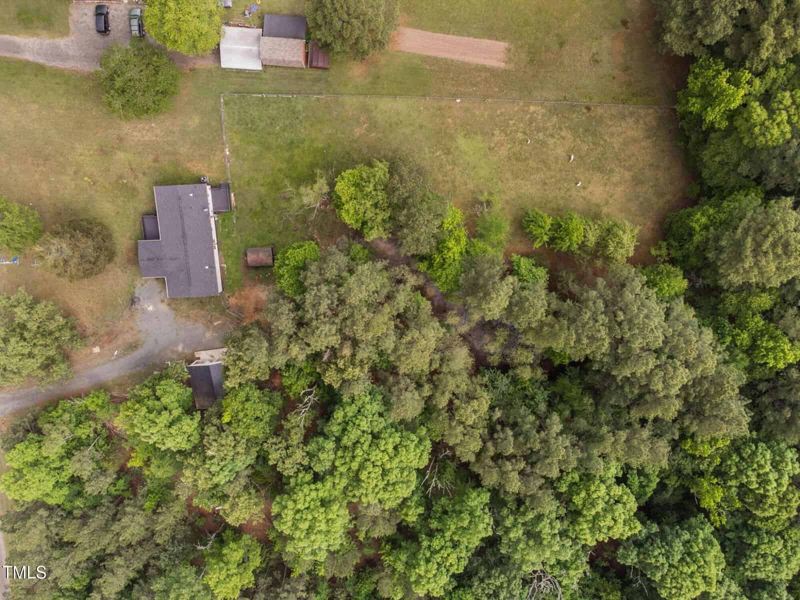 Aerial view of a property with a house, driveway, and outbuildings surrounded by trees and open grassy areas, with a wooded area at the bottom of the image.