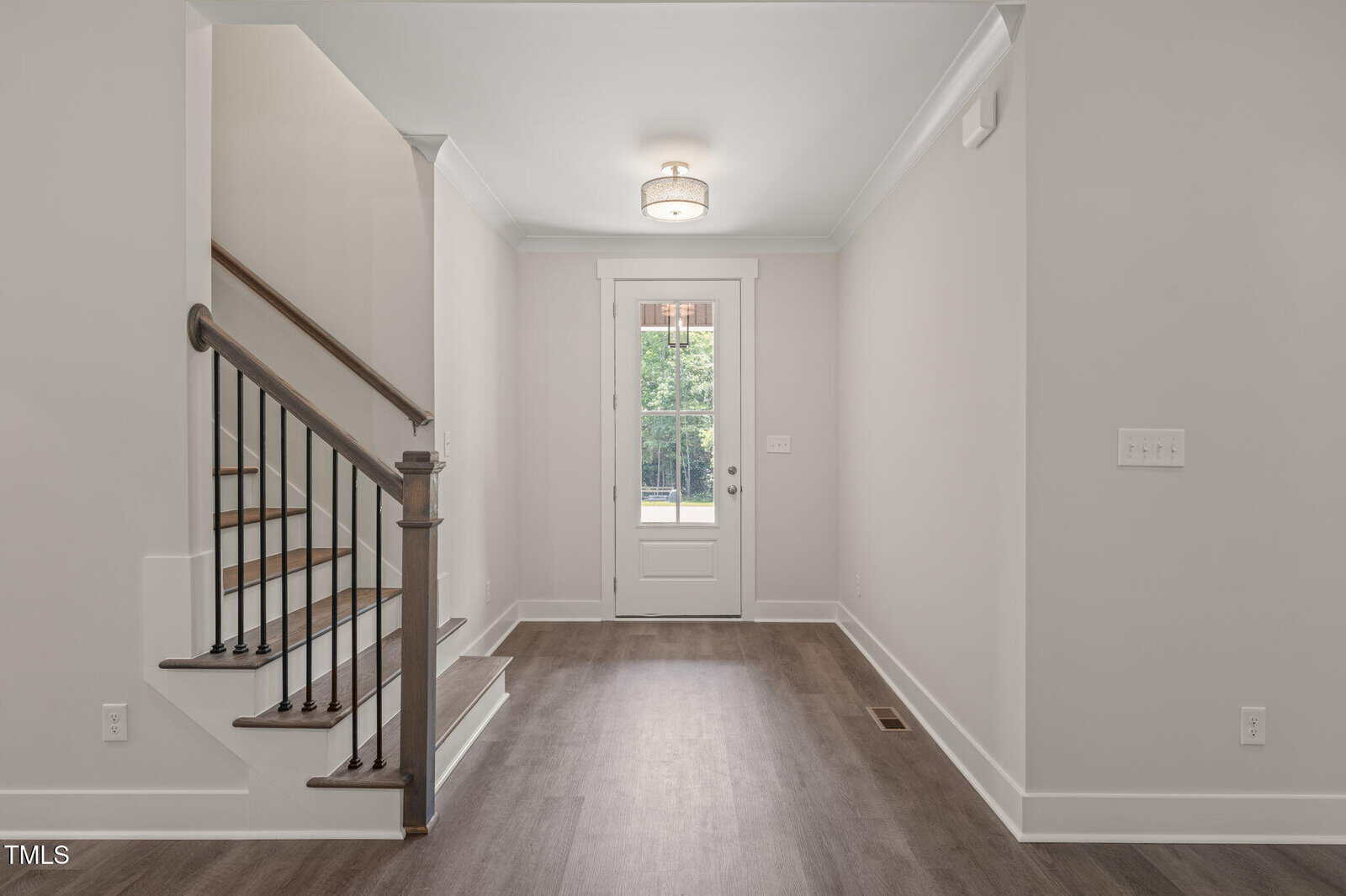 A bright entryway with light gray walls, a white door with glass panels, dark wood flooring, and a staircase with dark wooden handrail and black balusters on the left. A modern ceiling light hangs above.