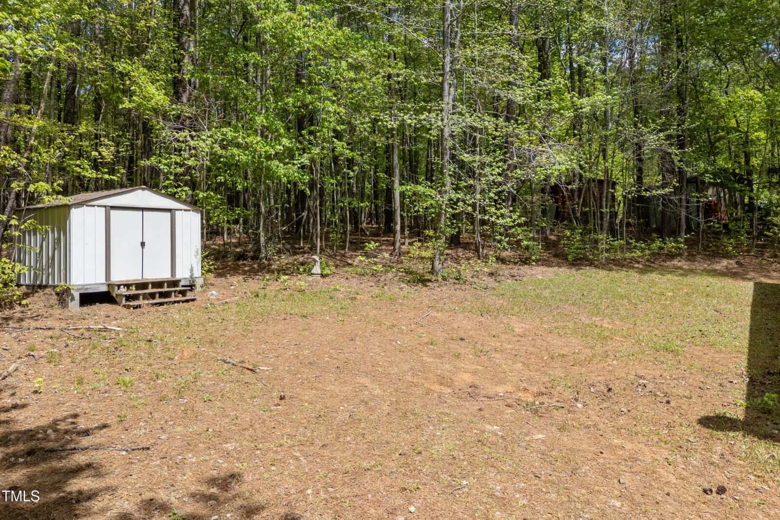 A small white shed with a gray roof sits on the left side of a cleared dirt and grassy yard, bordered by dense green trees and forest in the background.