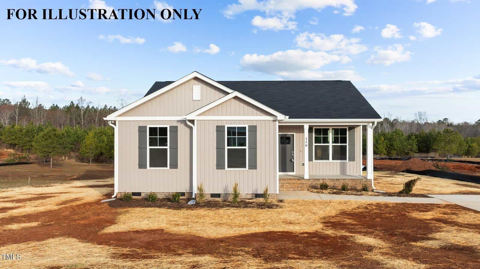 A light beige single-story house with a dark roof, front porch, and three large windows, sits on a plot with straw-covered ground and a backdrop of trees. Text reads "FOR ILLUSTRATION ONLY" across the top left corner.