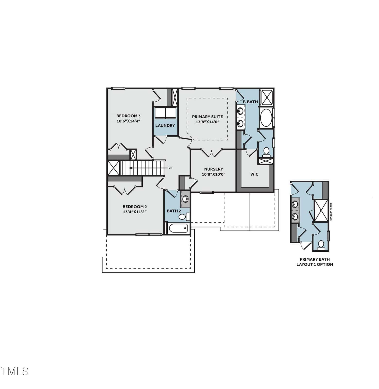 Floor plan of a house showing three bedrooms, a primary suite with walk-in closet and bath, a nursery, laundry room, additional bath, and an optional primary bath layout on the right. Rooms are labeled with dimensions.
