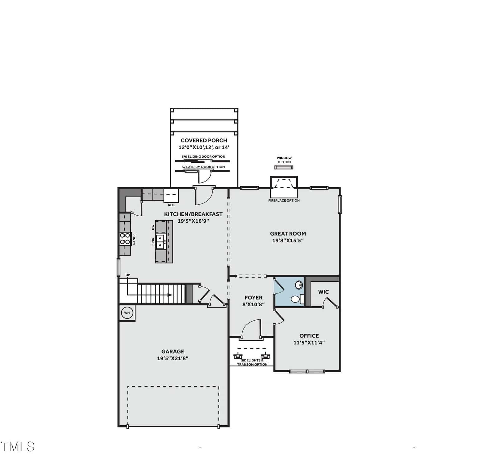 Floor plan showing a first floor layout with a garage, kitchen/breakfast area, great room, foyer, office, walk-in closet (WIC), powder room, and a covered porch with grilling pad. Stairs are near the kitchen.