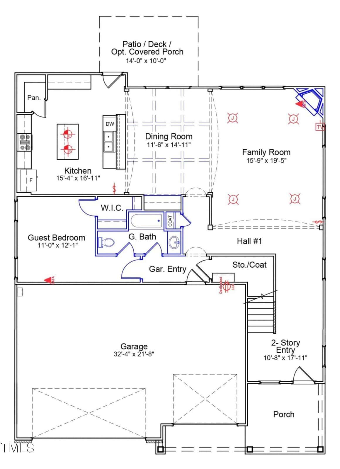 First floor architectural plan showing garage, guest bedroom, full bath, kitchen, dining, family room, pantry, storage/coat area, W.I.C., two-story entry, and patio/deck; labeled measurements and fixtures included.