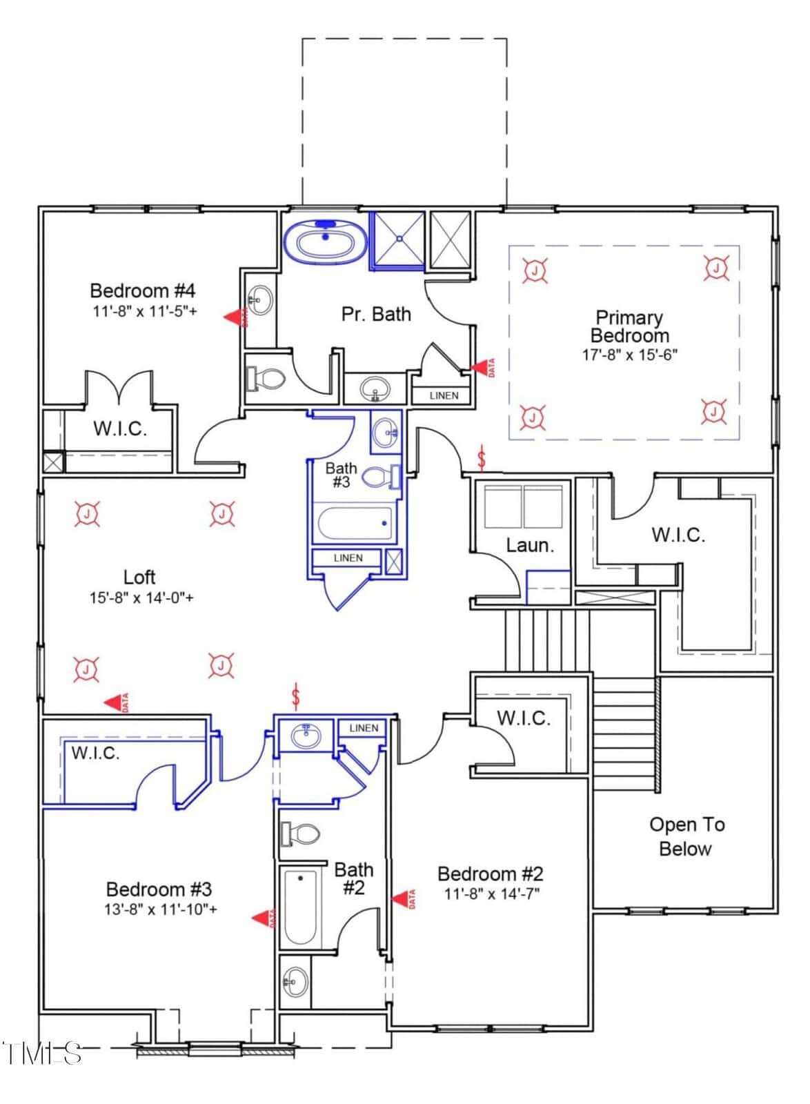 Second floor house plan with four bedrooms, three bathrooms, a loft, laundry room, and two walk-in closets. Staircase and open-to-below area are on the right. Rooms and closets are labeled with dimensions.