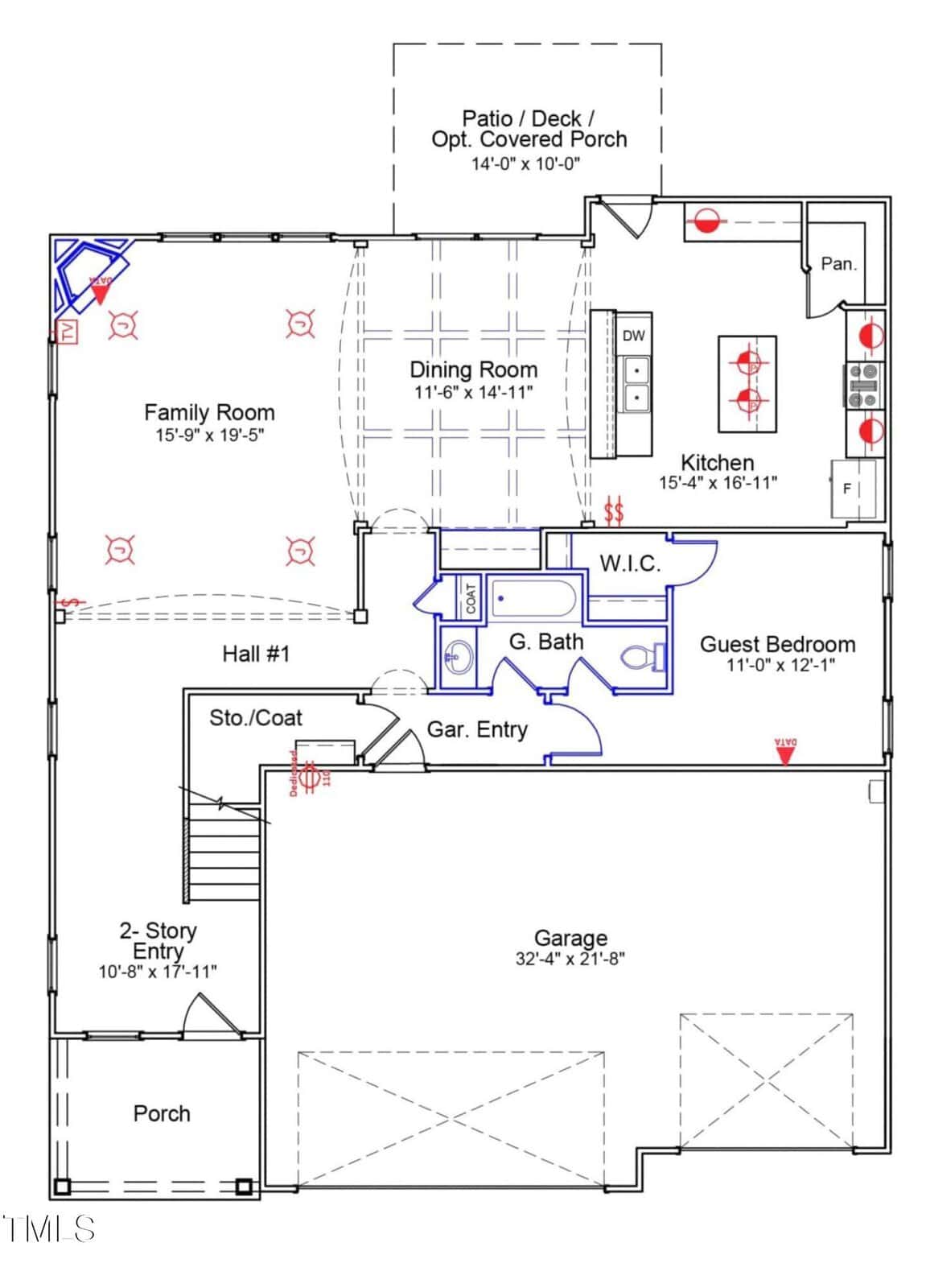 First floor house plan showing a garage, two-story entry, porch, family room, dining room, kitchen with island, pantry, W.I.C., guest bedroom, bathroom, storage, and patio/deck/covered porch.
