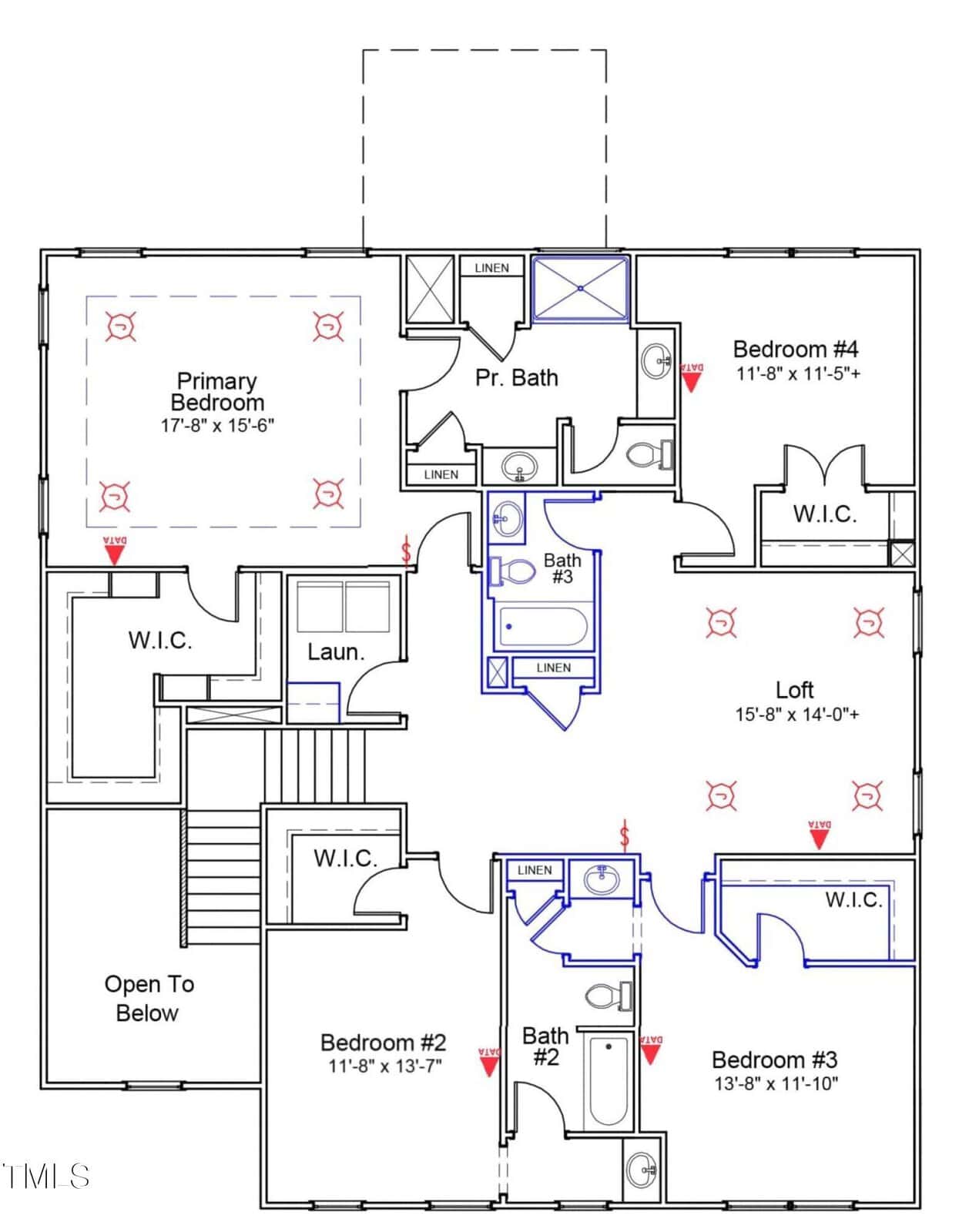 Second floor architectural floor plan with four bedrooms, three bathrooms, three walk-in closets, a laundry room, a loft area, linen closets, and an open area to below. Rooms are labeled, and dimensions are provided.