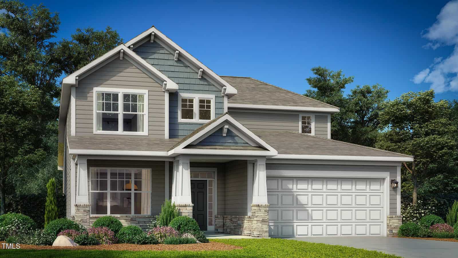Two-story suburban house with gray siding, white trim, a covered front porch, and a double garage located at 290 Sugar Pine Drive in Franklinton. Well-maintained landscaping with green shrubs and grass surrounds the home. Tall trees are visible in the background under a blue sky.