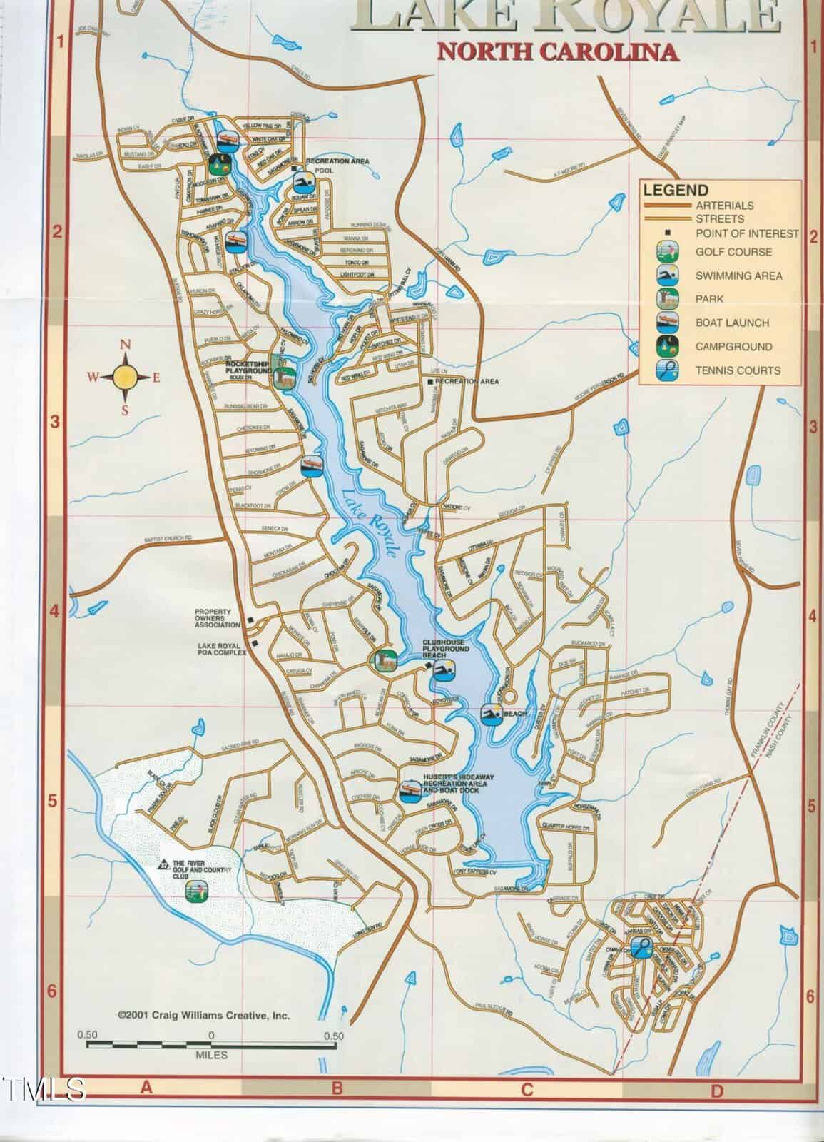 Map of Lake Royale, North Carolina, showing roads, the lake, residential areas, and icons marking amenities such as golf course, swimming areas, tennis courts, camping, boat launch, and points of interest.