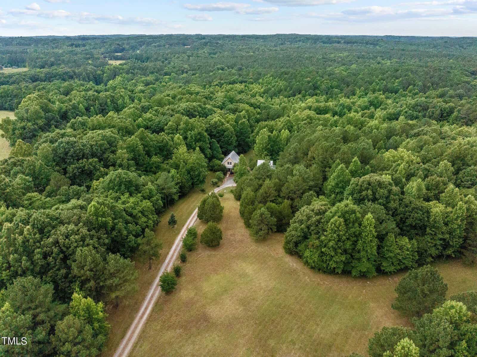 A house is partially visible through dense, green trees, surrounded by a large forested area. A long gravel driveway leads to the house, bordered by open grassy fields and clusters of mature trees.