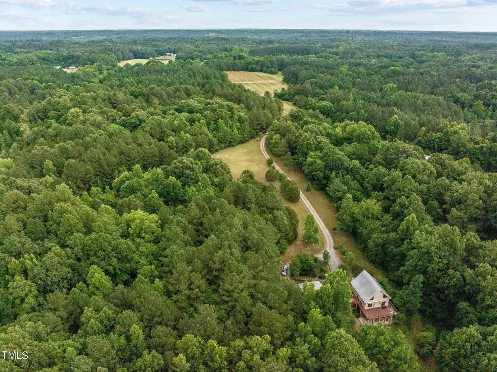 Aerial view of a rural landscape with dense green forest, a winding dirt road, open grassy fields, and a house situated near the road at the bottom right corner. The horizon shows more forest under a cloudy sky.