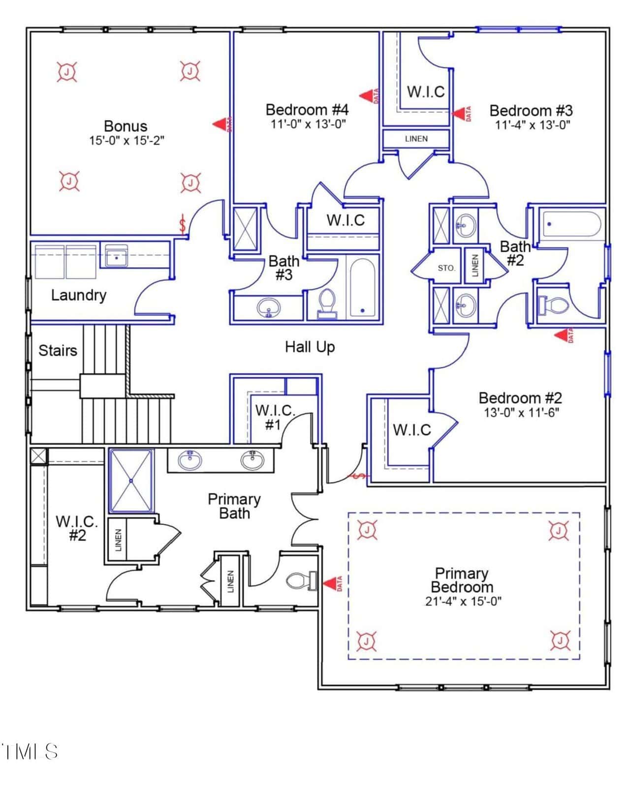 Blueprint of a residential home’s second floor with labeled rooms: four bedrooms, three bathrooms, a laundry room, bonus room, hall, and multiple walk-in closets, showing doorways, stairs, and general layout.