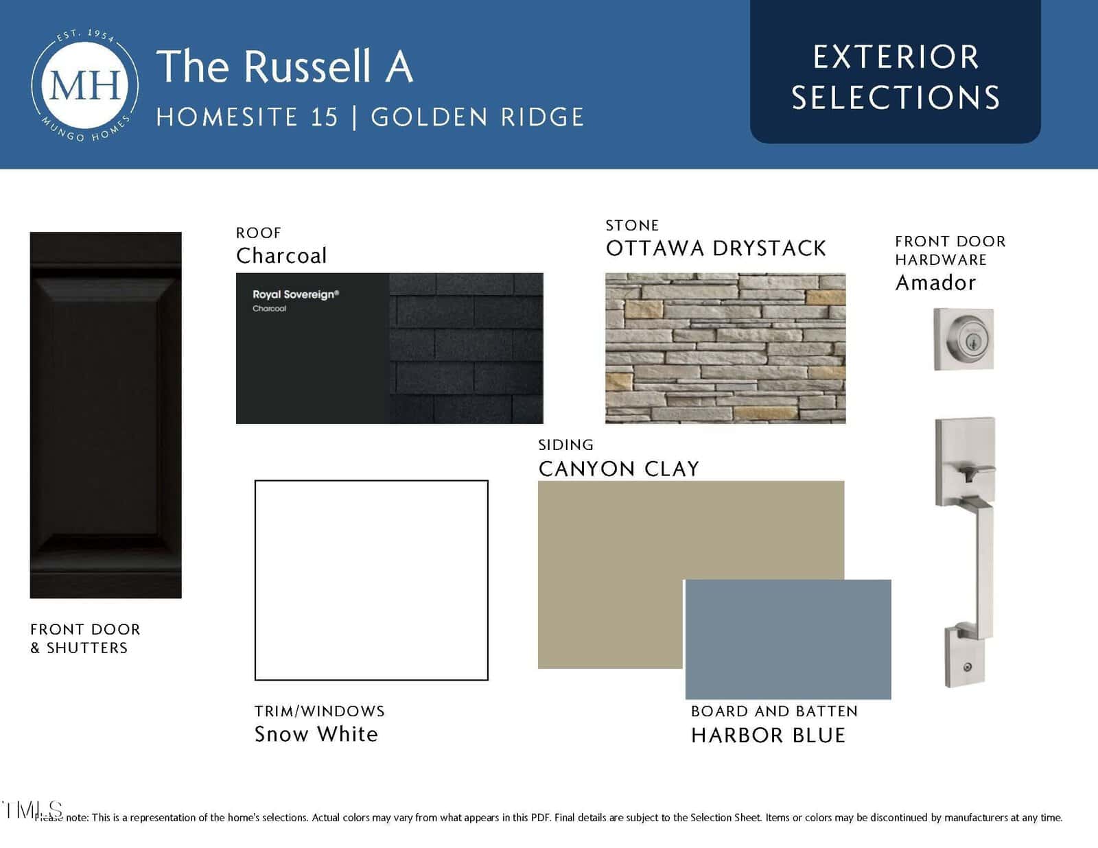 Exterior selections board for "The Russell A" home at Golden Ridge, showing roof in Charcoal, front door/shutters in black, trim/windows in Snow White, siding in Canyon Clay, stone in Ottawa Drystack, and board in Harbor Blue.