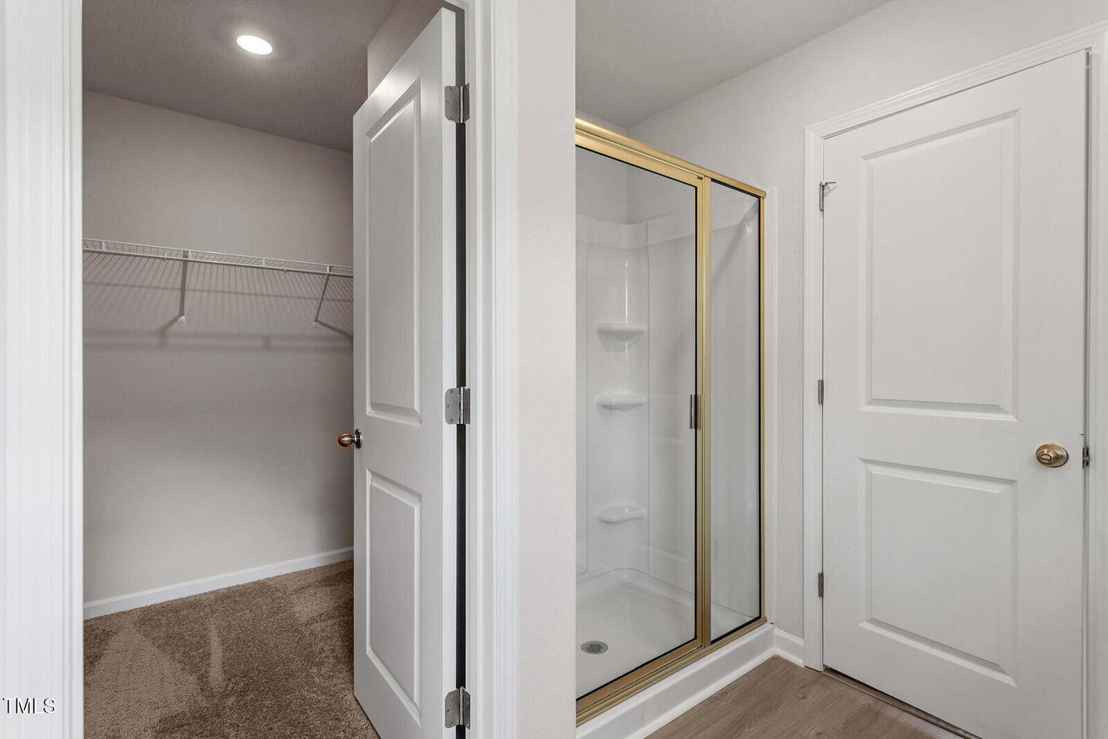 A small shower with gold trim is next to two white doors; one door opens to a carpeted walk-in closet with wire shelving, and the other door is closed. The shower area has light-colored walls and flooring.