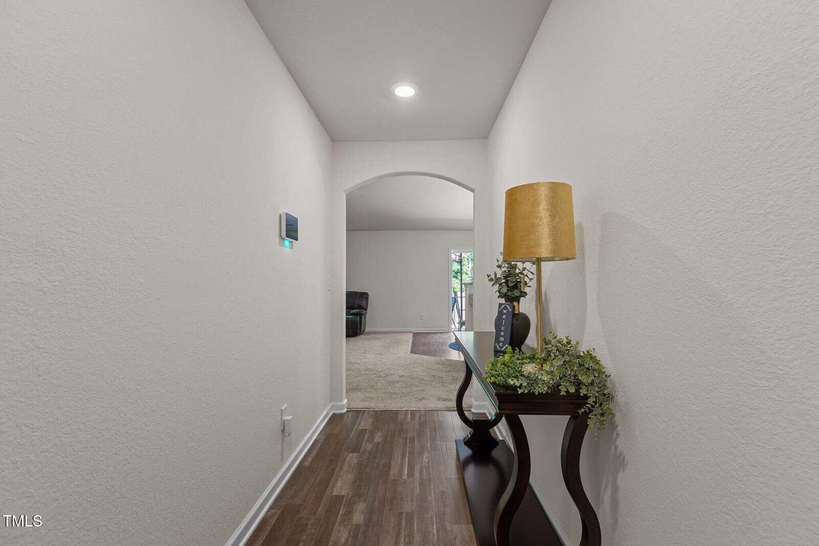 A hallway with light-colored walls and wood flooring leads to a carpeted living area. A dark console table with a lamp and green plant is against the right wall. An archway separates the hallway from the next room.