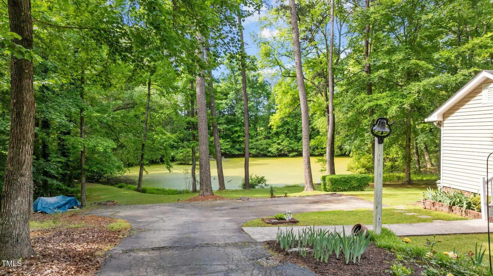 A paved driveway leads to a small pond surrounded by trees. Part of a house and a lamppost are visible on the right side, with grass, plants, and shrubs lining the driveway.