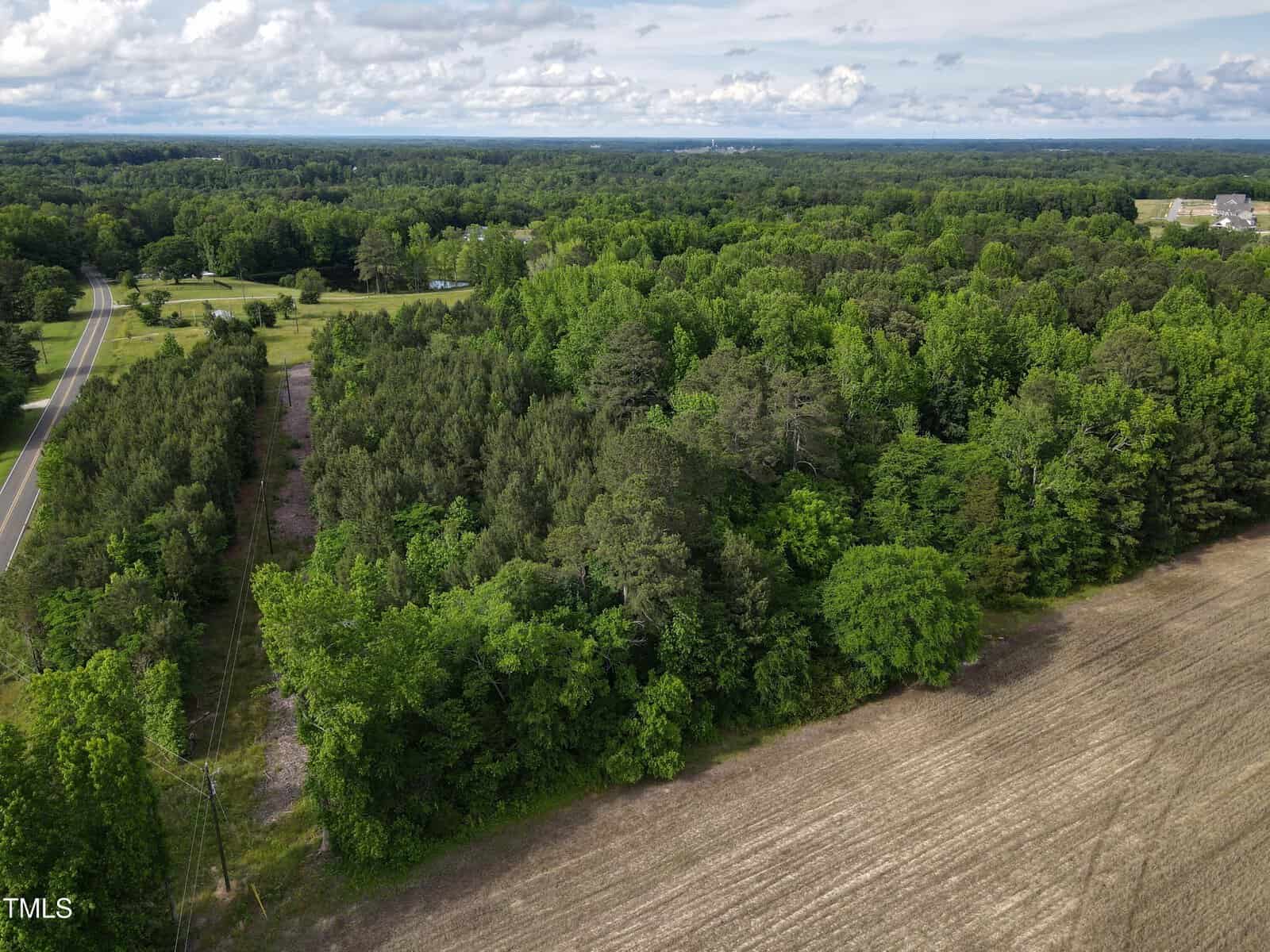 Aerial view of a rural landscape with dense green forest, a partially plowed field in the foreground, and a winding road bordered by trees on the left, under a partly cloudy sky.