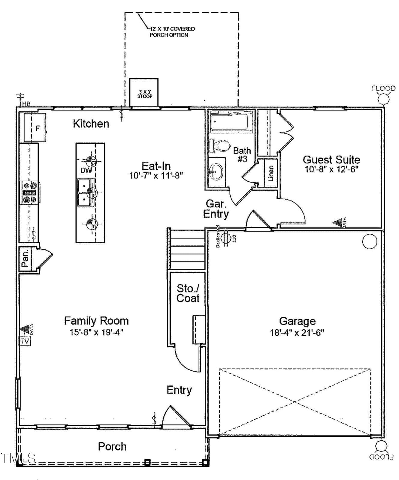 Black and white floor plan showing a porch, family room, kitchen, eat-in area, guest suite, bathroom, garage, entryway, storage/coat closet, and optional covered porch at the back.