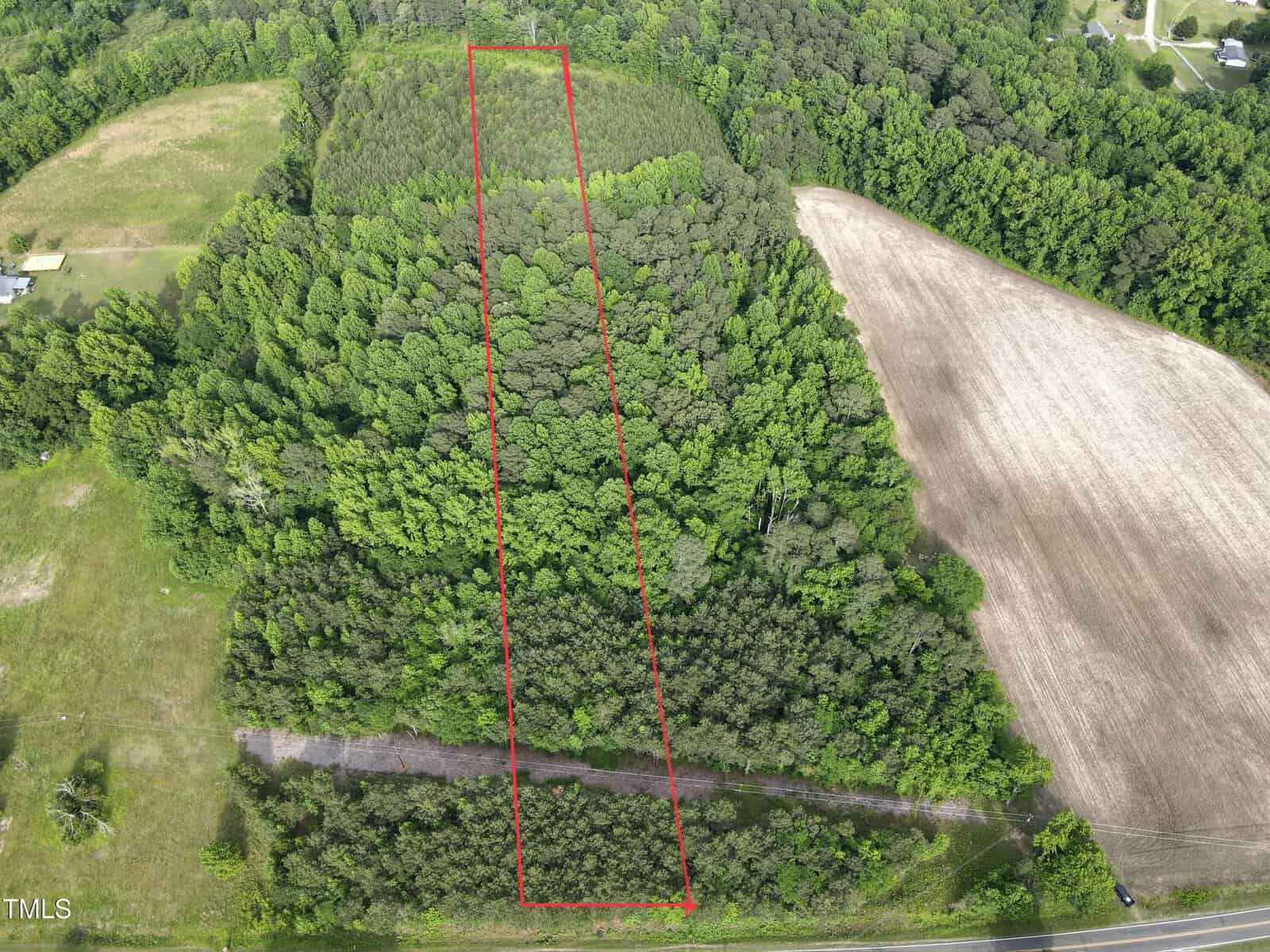 Aerial view of a rectangular, wooded plot of land outlined in red, surrounded by fields, trees, and a road running along the bottom edge of the image.