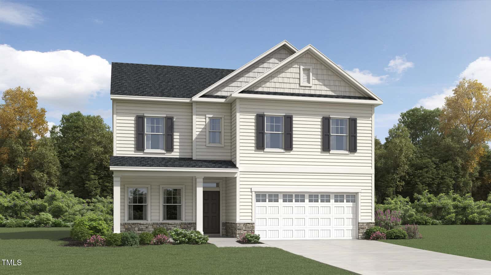 A two-story beige house with dark shutters, a covered front porch, and a double garage sits on a green lawn with shrubs. Trees and blue sky with clouds are in the background.