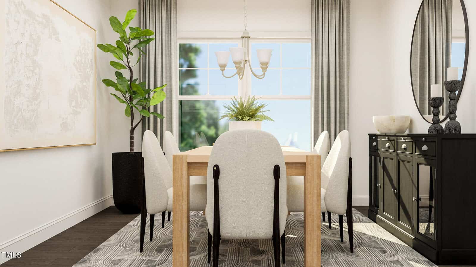 A dining room with a wooden table, eight white cushioned chairs, a chandelier, a black sideboard with decor, a large plant in the corner, gray curtains, and a framed abstract artwork on the wall.