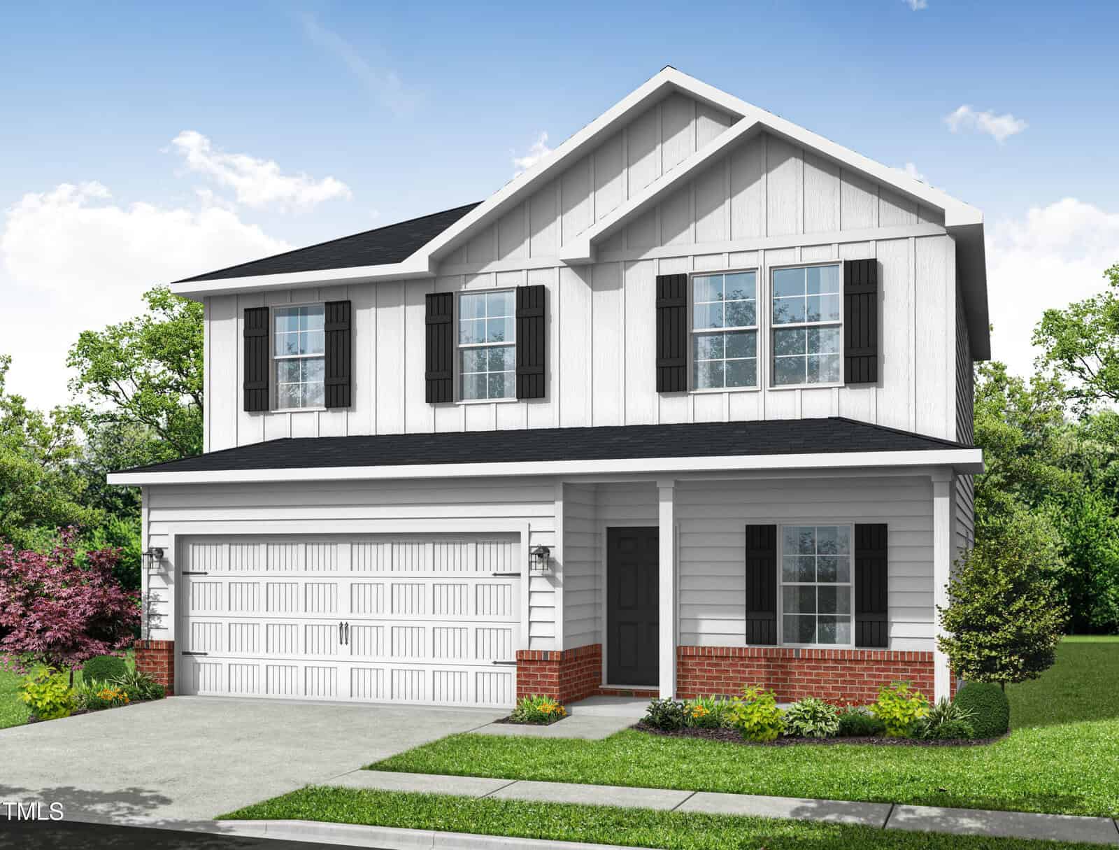 A two-story house at 112 Hays Street, Oxford, features white siding, black shutters, a black roof, and a double garage door. Enjoy the small front porch, brick trim at the base, manicured lawn with bushes, and a clear sky with some clouds.