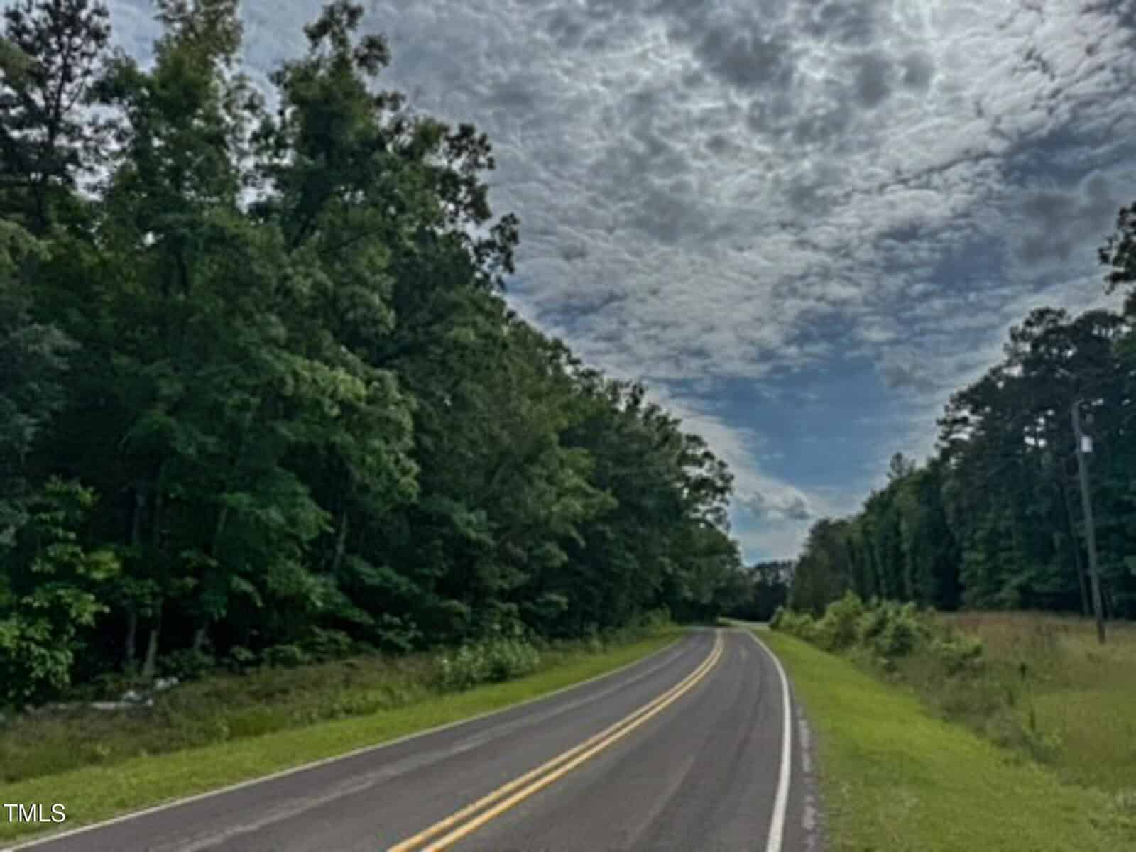 A two-lane road with a double yellow line curves through a rural area, flanked by dense green trees on the left and a grassy area on the right under a mostly cloudy sky.