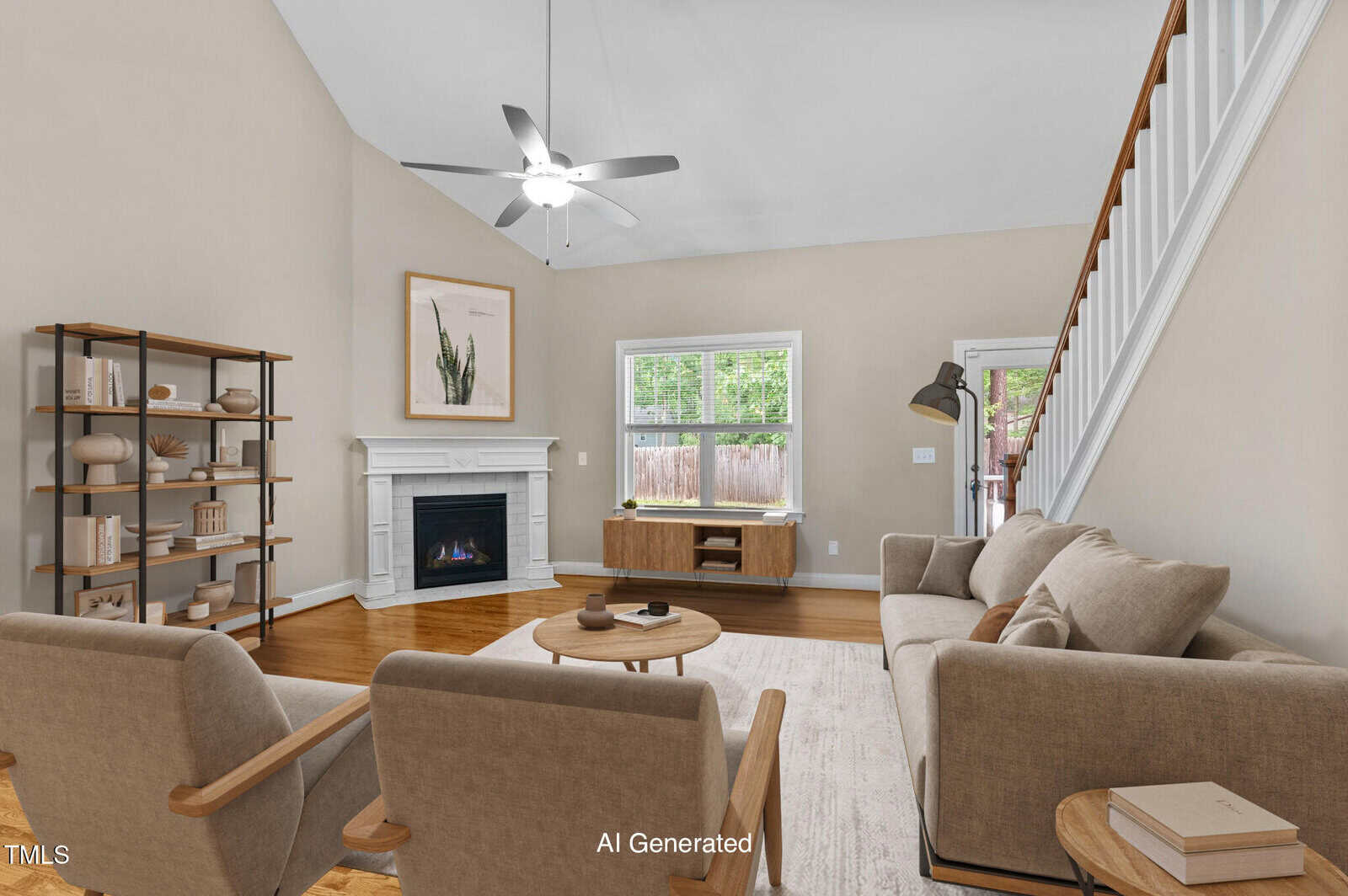 A modern living room with beige walls, light brown furniture, a fireplace, a large window, wooden floors, and an open staircase. A ceiling fan hangs from the high ceiling, and shelves are decorated with neutral decor.
