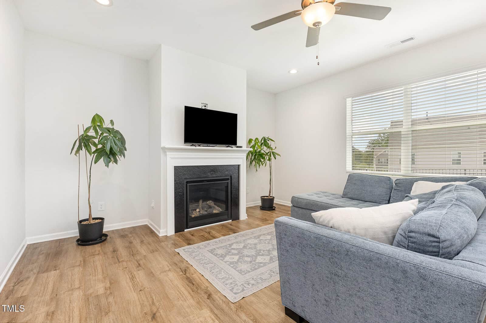 Bright living room with wood floors, a blue sectional sofa, a white area rug, a fireplace with a TV above it, two potted plants on either side, and a ceiling fan overhead. Large window brings in natural light.