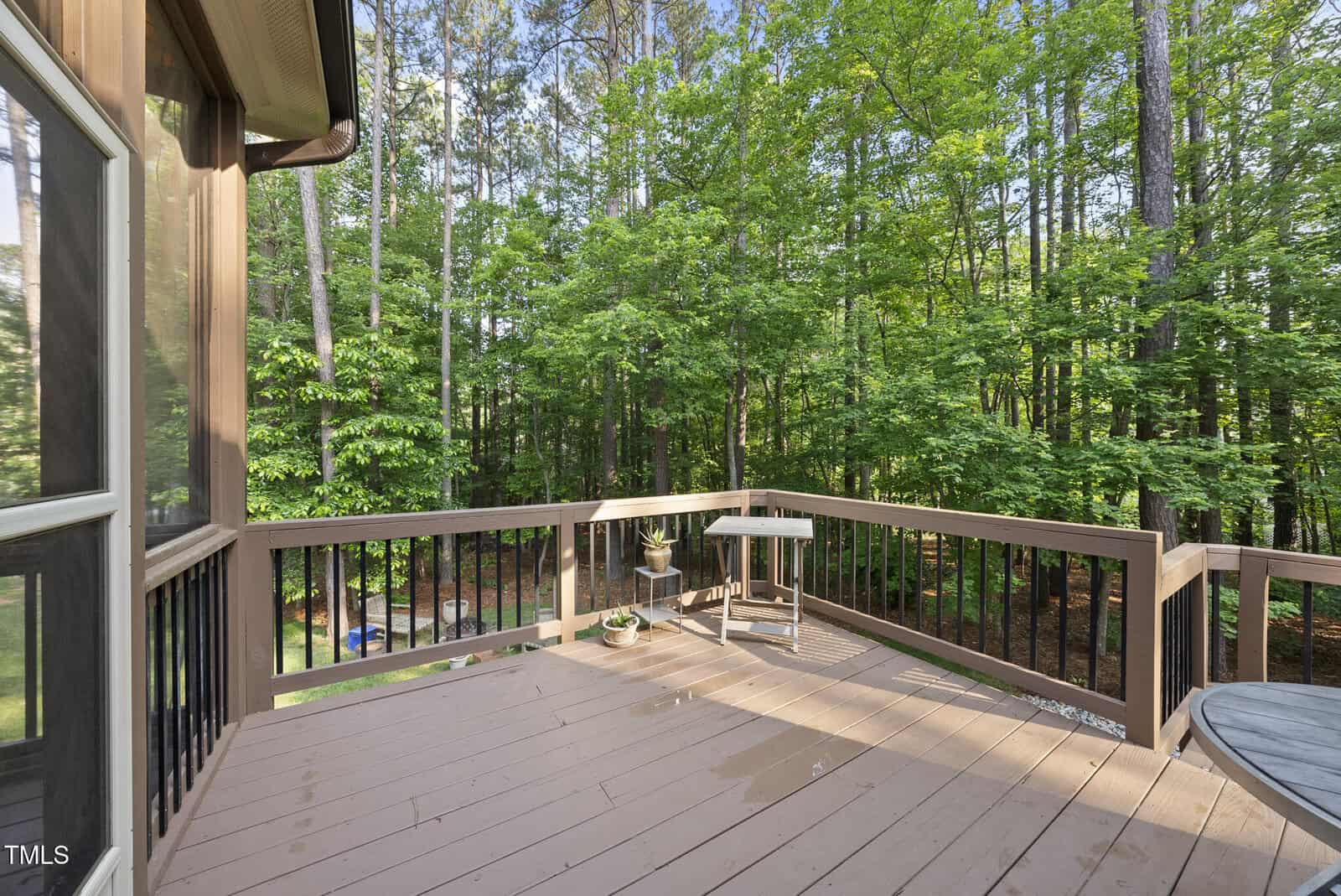A wooden deck with a railing overlooks a lush, green forest. There are a few potted plants and a small table on the deck. Sunlight filters through the trees and casts shadows on the deck floor.