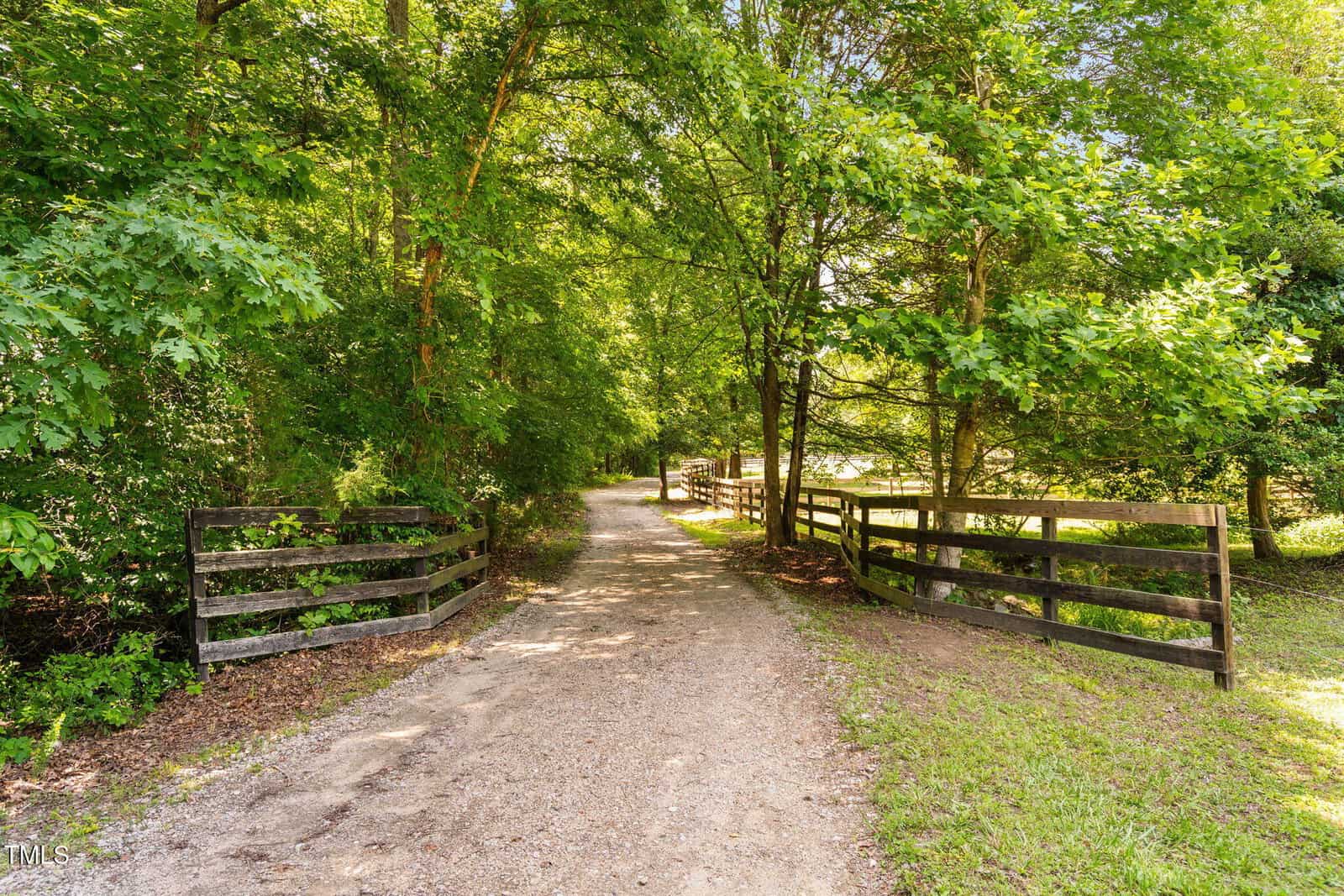 A gravel path bordered by wooden fences curves through a lush, green forested area on a sunny day. Sunlight filters through the leafy trees, casting dappled shadows on the ground.