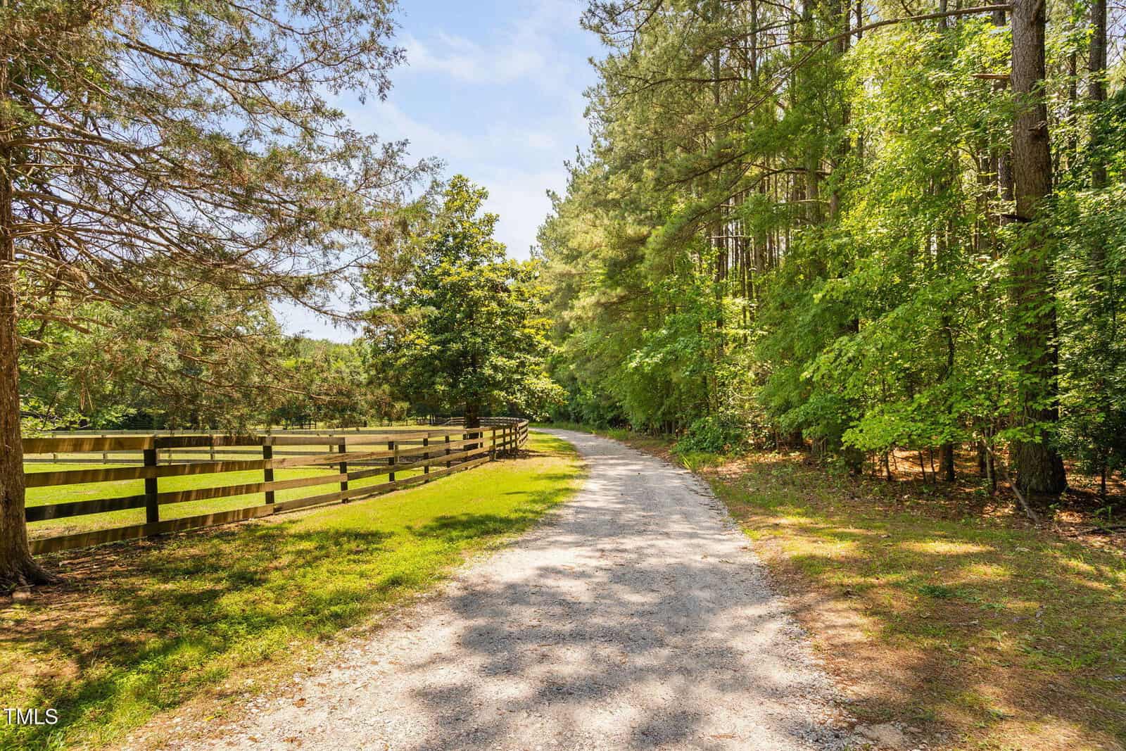 A gravel path curves through a sunlit, wooded area lined with green trees on one side and a wooden fence on the other, under a clear blue sky.